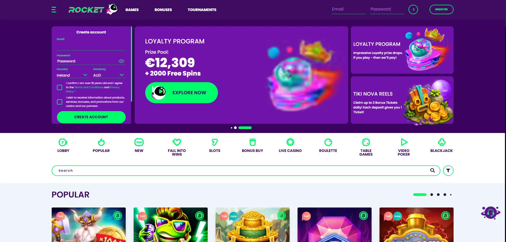 Casino Rocket online casino homepage — space-themed real money gaming