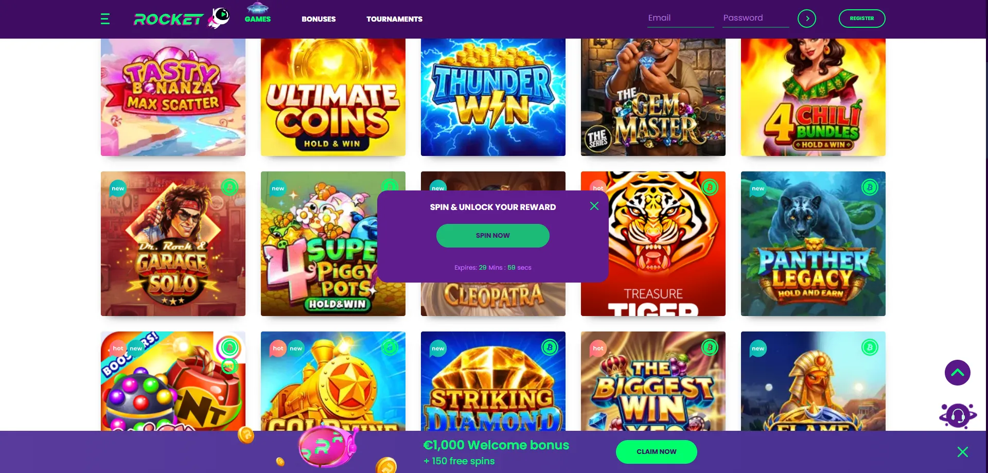 Casino Rocket slot games eligible for free spin promotions and reload bonuses